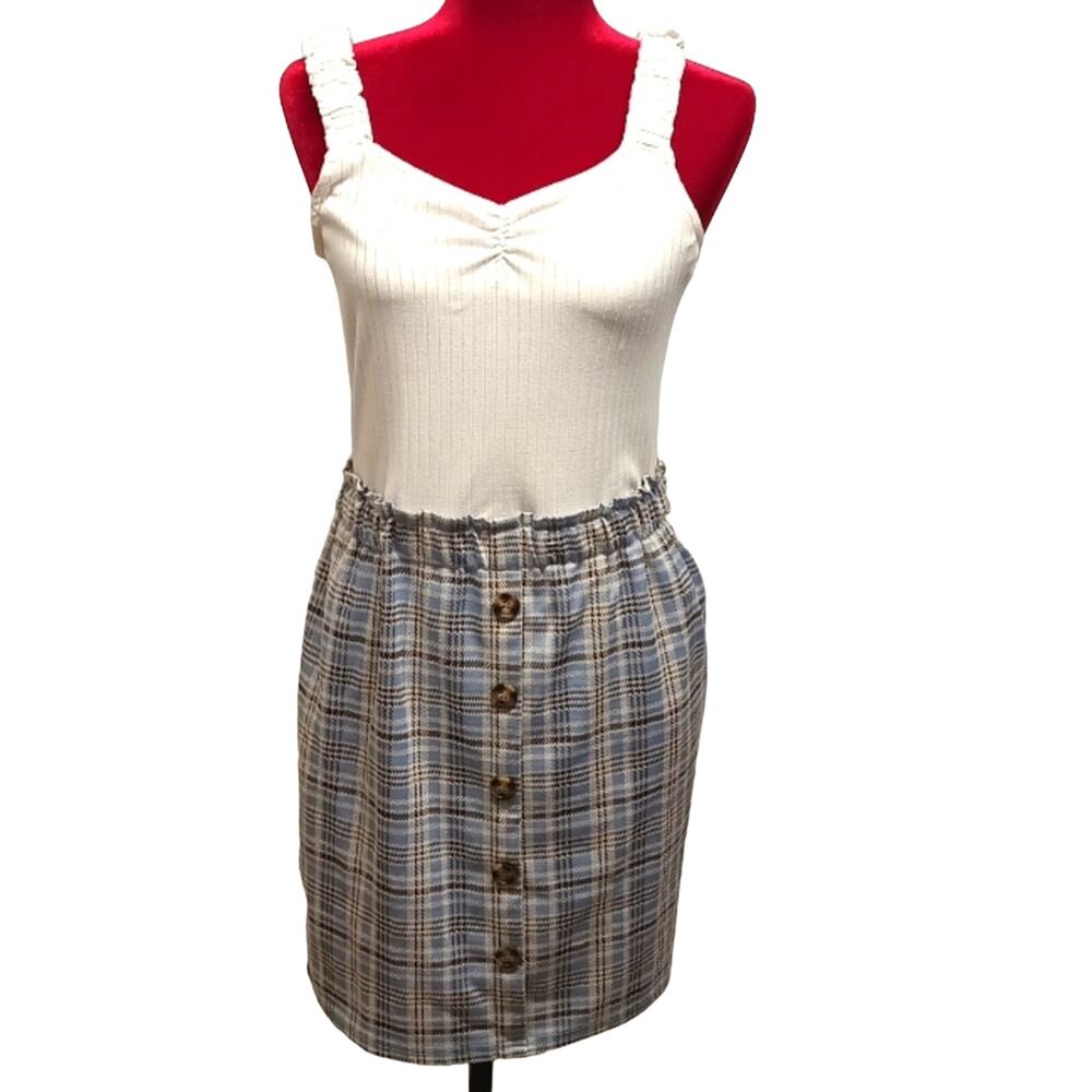 blue plaid pattern bodycon wide straps slip check mini dress Jr. size Large (L)